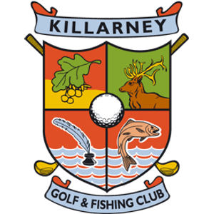 Lackabane Course logo: A quartered shield with a green oak leaf and yellow acorns on red, a brown stag with gold antlers on green, a white quill pen in a black inkwell on red, and a leaping brown trout on red over red-and-blue waves, with a white golf ball at the centre and gold-headed golf clubs crossed behind, a pale blue banner reading 'KILLARNEY' above and one reading 'GOLF & FISHING CLUB' below.