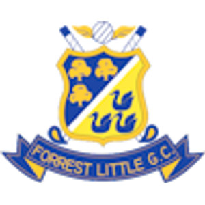 Forrest Little Golf Club logo: A shield divided by a white diagonal band, with three gold shamrocks on blue in the upper left and four blue swans on yellow in the lower right, crossed golf clubs and a white golf ball above, over a blue ribbon banner reading 'FORREST LITTLE G.C.' in gold.