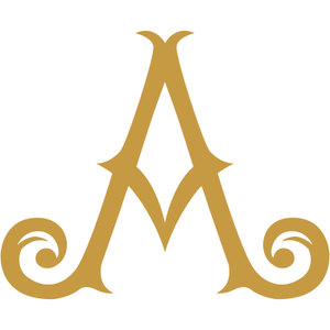 Adare Manor Hotel & Golf Resort Ireland logo: A gold ornate letter 'A' monogram with two curling scrollwork flourishes at its base.
