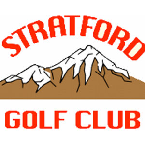 Stratford Golf Club logo: A white snow-capped mountain outlined in black rising from brown ground, with 'STRATFORD' arched above and 'GOLF CLUB' below in red capitals on white.