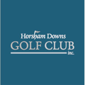 Horsham Downs Golf Club logo: A dark teal square with 'Horsham Downs' in white script topped by a small white golf flag, 'GOLF CLUB' in tan capitals above a tan rule, and 'inc.' in small tan letters underneath.
