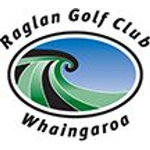 Raglan Golf Club logo: A black-outlined oval badge with a green, white and black wave curling into a spiral against a blue sky, 'Raglan Golf Club' arched above and 'Whaingaroa' arched below in black italic script.