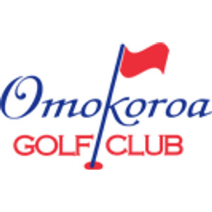 Omokoroa Golf Club logo: Blue cursive script reading 'Omokoroa' crossed by a blue flagstick flying a red pennant at the top, its base sitting in a small red hole, with 'GOLF' and 'CLUB' in red block capitals either side of the pole beneath.