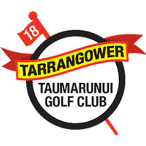 Taumarunui Golf Club logo: A thick black ring carrying the black block words 'TAUMARUNUI GOLF CLUB', crossed by a red ribbon banner whose yellow centre panel reads 'TARRANGOWER' in black capitals, with a red flag numbered 18 in white at the upper left on a red flagstick that runs down to the lower right.