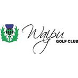 Waipu Golf Club logo: A green thistle with a blue-purple bloom and spiked green leaves, beside black cursive script reading 'Waipu' above black block capitals 'GOLF CLUB'.