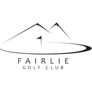 Fairlie Golf Club logo: Black line-art of two mountain peaks, a tall one on the left and a smaller one on the right, with a small flag on a pole standing in the centre foreground above a thin elliptical swoosh, over letter-spaced black capitals 'FAIRLIE' and smaller 'GOLF CLUB' on a white background.