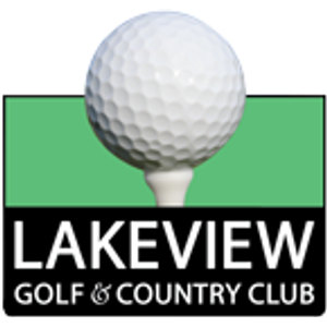 Lake View Golf and Country Club Golf Club logo: A white golf ball on a white tee rising in front of a green rectangle, above a black band bearing 'LAKEVIEW' in large white block capitals over 'GOLF & COUNTRY CLUB'.
