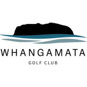 Whangamata Golf Club (Titoki Course) logo: A black silhouette of a rounded island headland above three curved teal and navy wave lines, over letter-spaced black capitals 'WHANGAMATA' and smaller grey capitals 'GOLF CLUB'.