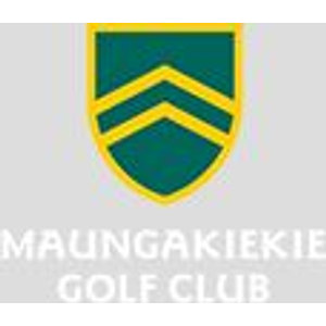 Maungakiekie Golf Club logo: A green shield with a gold border bearing two downward-pointing gold chevrons, above pale white block capitals 'MAUNGAKIEKIE GOLF CLUB' on a light grey square.