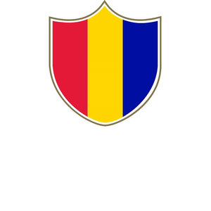 Paraparaumu Beach Golf Club logo: A shield outlined in thin gold-brown, divided into three vertical bands of red, yellow and navy blue.