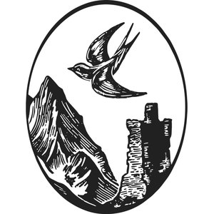 Beaufort Golf Club logo: A black-and-white oval crest with a swallow in flight above jagged engraved mountain peaks and a ruined stone castle tower standing at the right.