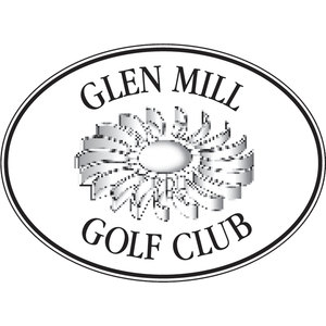 Glen Mill Golf Club logo: A black-and-white oval badge with 'GLEN MILL' arched across the top and 'GOLF CLUB' arched across the bottom, framing a grey mill wheel drawn at an angle with paddles radiating from a pale hub.