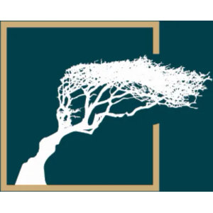 Galway Bay Golf Resort logo: A dark teal square containing a thin gold square outline, with a white silhouette of a wind-bent tree rooted at the lower left and leaning right, its branches sweeping past the gold frame.