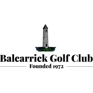 Balcarrick Golf Club logo: A grey stone Irish round tower with a black conical roof standing on a green mound edged with dark navy rocks, above the black serif wordmark 'Balcarrick Golf Club' with 'Founded 1972' between two thin rules below.
