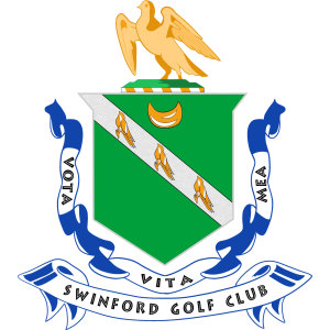 Swinford Golf Club logo: A green shield with a gold crescent at its top and a white diagonal band bearing three gold flames, crowned by a gold bird with outstretched wings standing on a green mound, with blue scroll ribbons reading 'VOTA' and 'MEA' at the sides, 'VITA' below the shield and a blue banner reading 'SWINFORD GOLF CLUB' beneath.