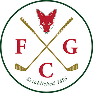 Foxrock Golf Club logo: A white circular badge ringed in dark green, with a red fox head at the top, two crossed tan golf clubs below it, red serif letters 'F', 'G' and 'C' set left, right and bottom, and 'Established 1893' in green script along the lower edge.
