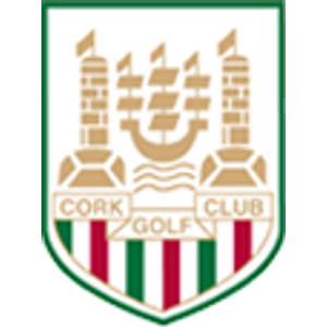 Cork Golf Club logo: A shield outlined in green showing two tan stone towers flanking a three-masted sailing ship above wavy water lines, with small banners reading 'CORK', 'GOLF' and 'CLUB' across the middle and vertical green, white and red stripes at the base.