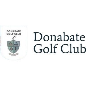 Donabate Golf Club logo: A quartered shield in pale green and blue-grey lettered 'DONABATE GOLF CLUB' at its top, with crossed golf clubs above it and a small scroll banner below, set beside the dark navy serif wordmark 'Donabate Golf Club' on two lines.