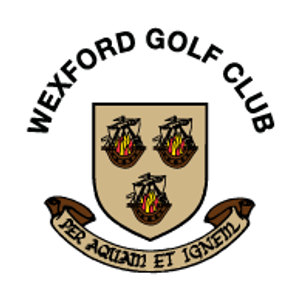 Wexford Golf Club logo: A tan shield bearing three black sailing ships, two above and one below, each burning with red and orange flames, under 'WEXFORD GOLF CLUB' arched in black capitals and above a brown scroll banner reading 'PER AQUAM ET IGNEM'.