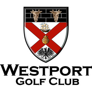 Westport Golf Club logo: A shield with a black masonry chief bearing two brown bull heads, over a white field crossed by a red saltire with a pale three-masted sailing ship above, a gold scallop shell at the crossing and a black eagle at the base, all above the black wordmark 'WESTPORT GOLF CLUB'.
