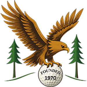 Slade Valley Golf Club logo: A brown and gold eagle with wings spread landing on a white golf ball lettered 'FOUNDED 1970' in a circular band, flanked by two green pine trees on green ground.