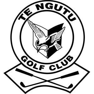 Te Ngutu Golf Club logo: A black-and-white circular badge with 'TE NGUTU' arched at the top and 'GOLF CLUB' arched at the bottom, enclosing two huia birds facing each other with wings raised, one white on black and one black on white, above two crossed golf clubs on a diamond banner.