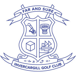 Invercargill Golf Club logo: A navy-blue line-art shield quartered by a cross, holding a diagonal golf club with a hatched grip at top left, a woven flax basket at top right, a three-dimensional cube at bottom left and a sailing ship on hatched water at bottom right, with two crossed golf clubs behind the shield, a scroll banner reading 'FAR AND SURE' above and a scroll banner reading 'INVERCARGILL GOLF CLUB' below.