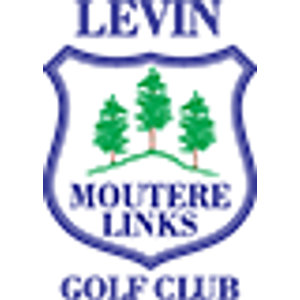 Levin Golf Club Inc. logo: Three green pine trees on a green hill inside a white shield outlined in navy blue, with 'LEVIN' in navy block capitals above, 'MOUTERE LINKS' in navy capitals across the lower shield and 'GOLF CLUB' in navy capitals below.