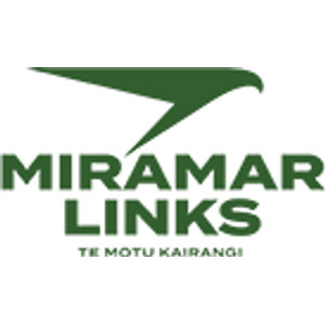 Miramar Golf Club logo: A dark green stylized bird wing sweeping from a narrow point at the left to a downward hook at the right, above bold dark green capitals reading 'MIRAMAR LINKS' and smaller capitals reading 'TE MOTU KAIRANGI'.