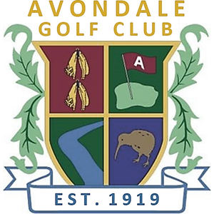 Avondale Golf Club logo: A crest shield quartered in dark red and green, with two gold wheat ears at top left, a red flag bearing a white letter 'A' on a green putting green at top right, a winding blue river at bottom left and a brown kiwi bird at bottom right, framed by green laurel leaves, under gold capitals reading 'AVONDALE GOLF CLUB' and above a blue ribbon reading 'EST. 1919'.