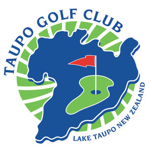 Taupo Golf Club logo: A circular badge with green sunburst rays around a dark blue silhouette of Lake Taupo, inside which a green putting green holds a cup and a red triangular flag on a white pole, bordered by blue capitals reading 'TAUPO GOLF CLUB' above and 'LAKE TAUPO NEW ZEALAND' below.