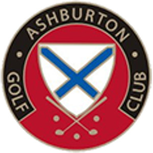 Ashburton Golf Club logo: A circular badge with a black outer ring reading 'ASHBURTON' above and 'GOLF' and 'CLUB' at the sides in cream-white capitals, enclosing a red disc that holds a white shield bearing a blue diagonal saltire cross, above two crossed cream-white golf clubs with three white golf balls between their heads.