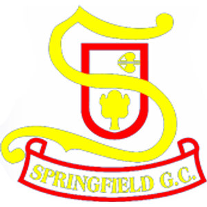 Springfield Golf Club logo: A large yellow ribbon shaped like the letter 'S' behind a red-outlined letter 'S', with a small yellow golf ball and a yellow three-lobed tree inside it, above a yellow banner outlined in red reading 'SPRINGFIELD G.C.' in yellow letters.
