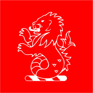 Howth Golf Club logo: A white lion rampant drawn in outline, facing left with a curled tail and standing on a white bar, on a solid red square.