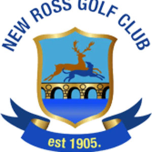 New Ross Golf Club logo: A brown stag and a blue stag both leaping right above a gold arched stone bridge over blue water, on a pale blue shield with a gold border, with 'NEW ROSS GOLF CLUB' arched in navy above and a navy ribbon reading 'est 1905.' below.