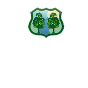 Adare Manor Golf Club logo: A green-bordered shield with a pale sky at the top and two green trees flanking a winding blue river below.
