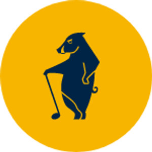 Hogs Head Golf Course logo: A navy blue boar standing upright on its hind legs and facing right, leaning on a golf club, on a solid gold circle.