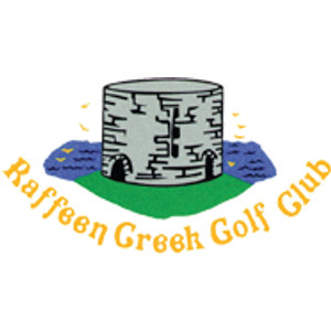 Raffeen Creek Golf Club logo: A grey stone round tower on a green mound between two patches of blue water with small yellow birds flying above, over 'Raffeen Creek Golf Club' arched below in orange script.