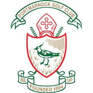 Portmarnock Golf Club logo: A red shield bearing a green lapwing standing in tan dune grass below a red bishop's mitre, between green scrolls reading 'PORTMARNOCK GOLF CLUB' above and 'BE' and 'UP' over 'FOUNDED 1894' below.