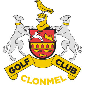 Clonmel Golf Club logo: A red shield with a white hound running left beside a gold lion, a gold-and-red arched bridge across its middle and three gold fish below, flanked by two grey greyhounds rearing as supporters in gold collars, under a gold helmet topped by a yellow bird, above crossed gold ribbons reading 'GOLF' and 'CLUB' with 'CLONMEL' in gold beneath.