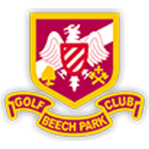 Beech Park Golf Club logo: A maroon shield with a gold border bearing a white eagle with outstretched wings over a red-and-white striped inner shield, a gold tree at lower left and two gold crosses at lower right, above a maroon-and-gold banner reading 'GOLF BEECH PARK CLUB'.