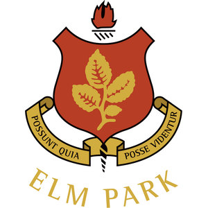 Elm Park Golf & Sports Club Golf Club logo: A red shield bearing a gold elm branch of five leaves, with a red flame burning in a black brazier above it, a gold ribbon across the base reading 'POSSUNT QUIA POSSE VIDENTUR' and gold serif capitals 'ELM PARK' below.
