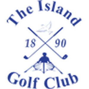 The Island Golf Club logo: Navy blue serif text 'The Island' arched above two crossed golf clubs split by the year '18' and '90', with a pale gull flying above them and a figure standing in a rowing boat on water below, over 'Golf Club' arched at the bottom.