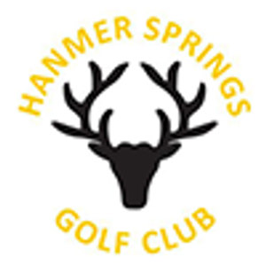Hanmer Springs Golf Club logo: A black stag head with tall branching antlers, with 'HANMER SPRINGS' arched above and 'GOLF CLUB' arched below in gold capitals.