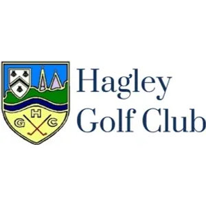 Hagley Golf Club logo: A gold-edged shield with a white panel of black-and-white heraldic charges at upper left, two pale spires against a blue sky at upper right, a green hill band over a navy river, and the letters 'G H C' with crossed brown golf clubs on a pale yellow field below, beside the navy serif wordmark 'Hagley Golf Club'.