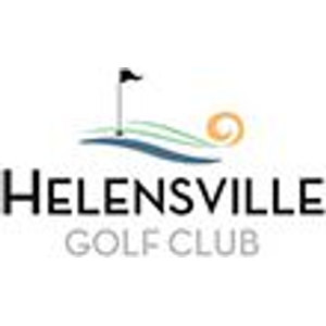 Helensville Golf Club logo: A black golf flag on a green mound with sweeping green lines and a dark blue wave beneath it and an orange spiral to the right, above the black wordmark HELENSVILLE and the grey words GOLF CLUB.