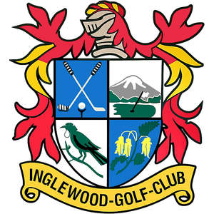Inglewood Golf Club logo: A heraldic shield quartered with crossed golf clubs and a golf ball, a snow-capped mountain, a black tui bird, and yellow kowhai flowers, topped by a knight's helmet in red and gold mantling and flanked by red scrollwork, above a gold banner reading INGLEWOOD-GOLF-CLUB.