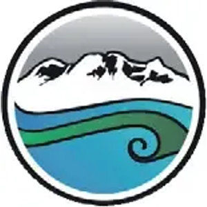 Waimarino Golf Club logo: A black-outlined circular badge showing a grey snow-capped mountain range above a teal and blue wave that curls into a koru spiral.