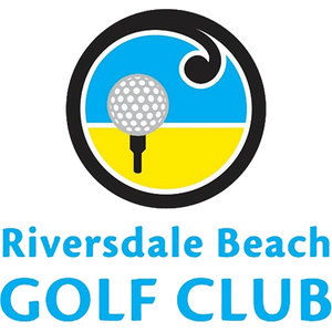 Riversdale Beach Golf Club logo: A black-ringed circular badge split sky blue above and yellow below with a black curling wave in the upper right, holding a white golf ball on a black tee, above the blue wordmark Riversdale Beach GOLF CLUB.
