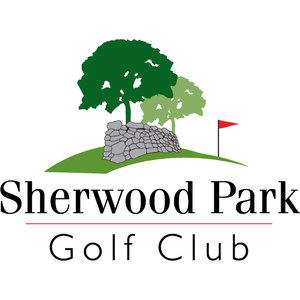 Sherwood Park Golf Club logo: A dark green tree in front of a paler green tree behind a grey stone wall on a green mound, with a red golf flag to the right, above the black serif wordmark Sherwood Park and Golf Club underlined in red.